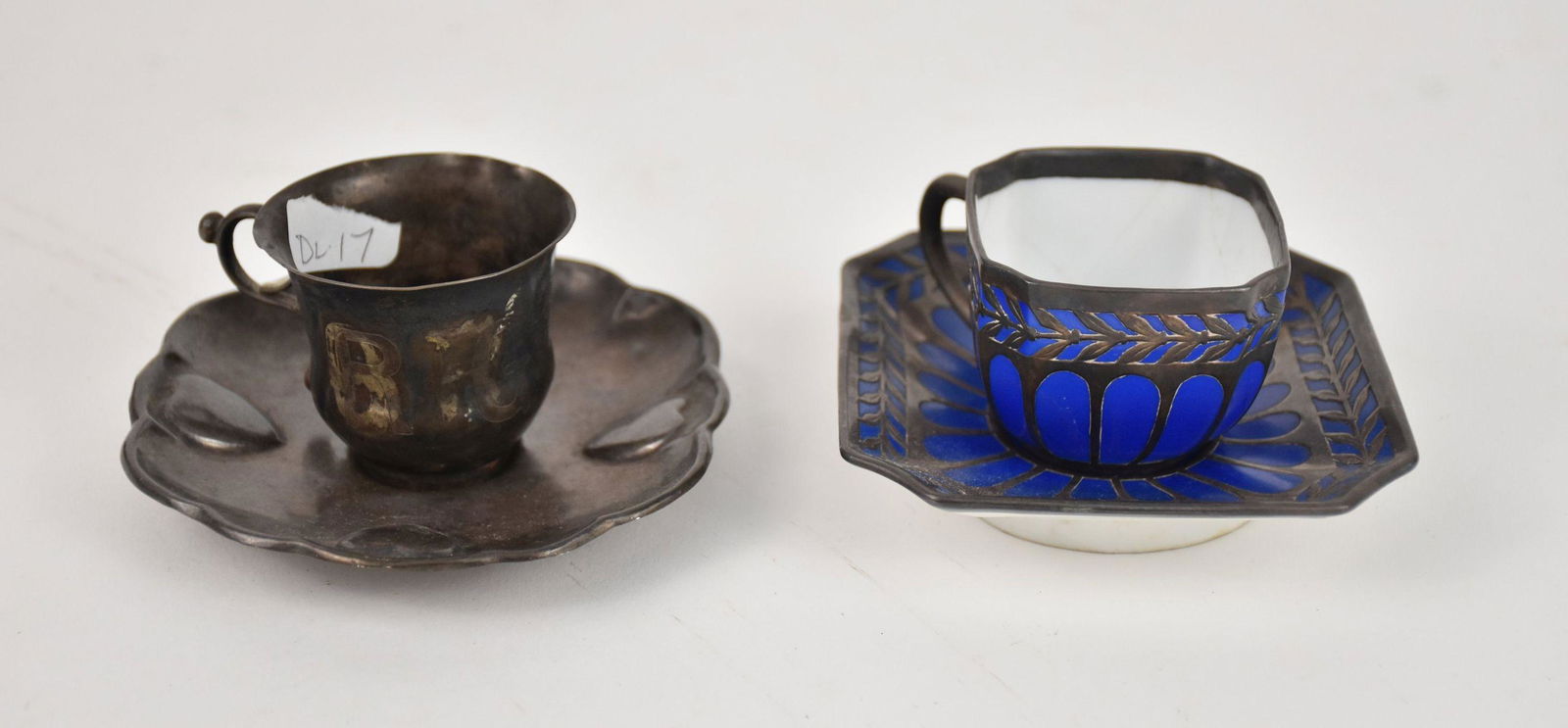 Two Sets Antique Demitasse Tea Cups & Saucers - Comprising: An Art Deco German Fraureuth Silver (1 of 7)