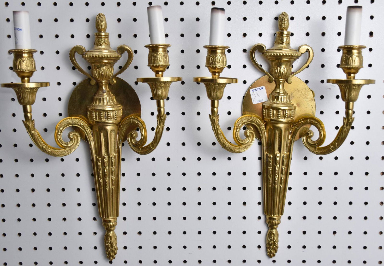 Pair Gilded Bronze Double Branch Wall Sconces, Scrolling Arms & Urns, 16"h x 11"w (1 of 6)