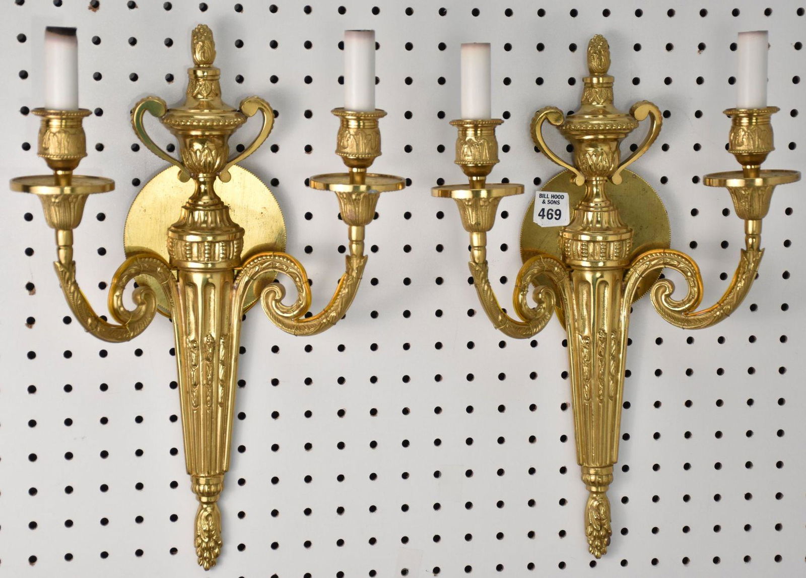 Pair Gilded Bronze Double Branch Wall Sconces, Scrolling Arms & Urns, 16"h x 11"w (1 of 5)