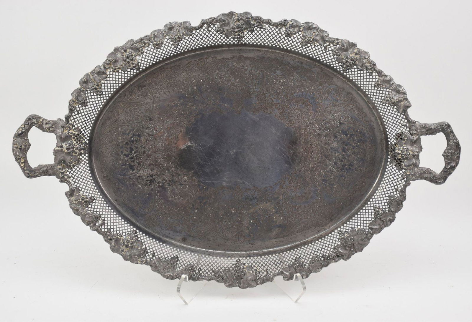 Oval Silverplate Serving Tray with Reticulated Grape & Leaf Border, 29"w (1 of 5)