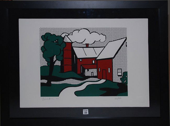 Roy Lichtenstein (AMERICAN, 1923-1997) Color Silksc: Roy Lichtenstein (AMERICAN, 1923-1997) Color Silkscreen, "Red Barn" Gabriele Mazzotta, pub. Stamped, pencil signed by artist, dated '69 and numbered 157/250, image size 17"x14-1/4" framed.