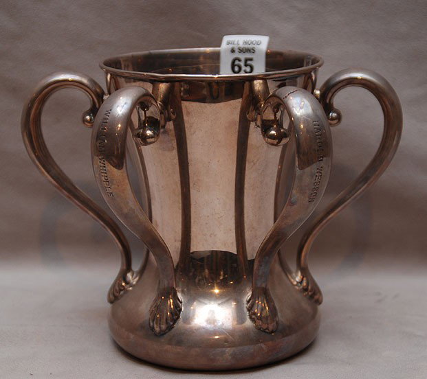 Bailey Banks & Biddle sterling loving cup with 6 ha: Bailey Banks & Biddle sterling loving cup with 6 handles, each handle has engraved names; Wesson, Ritchie, Clark, Derby, Laws and Whipple, 17oz, 5 7/8"h x 8"dia