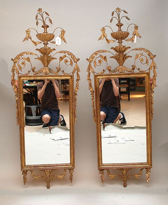 Pair of gilt wood and metal mirrors in classical fo: Pair of gilt wood and metal mirrors in classical form, ca. 1900, 60"h x 23"w