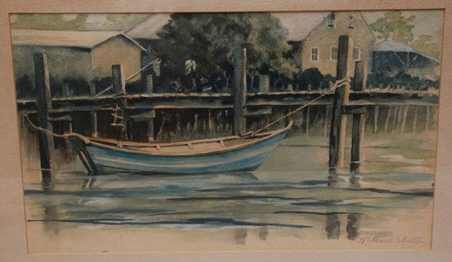 Millard Owen Sheets (American 1907 - 1989) Waterco: Millard Owen Sheets (American 1907 - 1989) Watercolor, Boat at Dock, slr, approx. 10"x17"