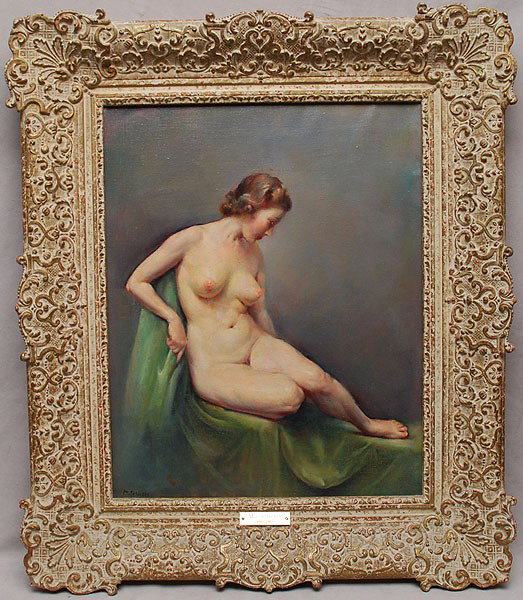 MOLLY GUION, American 1910 – 1982, "Seated Nude", : MOLLY GUION, American 1910 – 1982, "Seated Nude", oil on canvas 20" x 16", signed lower left. In its original impressionist style frame . Biography on back of painting.
