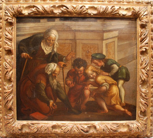 17th/18th Century Italian School Old Master, "Dice: 17th/18th Century Italian School Old Master, "Dice Game", in gilt carved antique frame, Verso Reads: Venetianese School 1648, 18"x21"