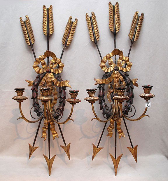 Pair French carved & gilded 3 light wall sconces w: Pair French carved & gilded 3 light wall sconces with arrows and bows, 15"h