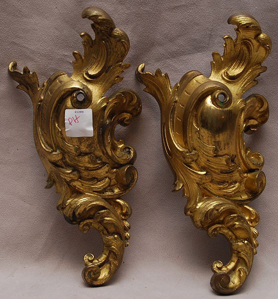 Pair of bronze rococo furniture mounts, 10"h: Pair of bronze rococo furniture mounts, 10"h
