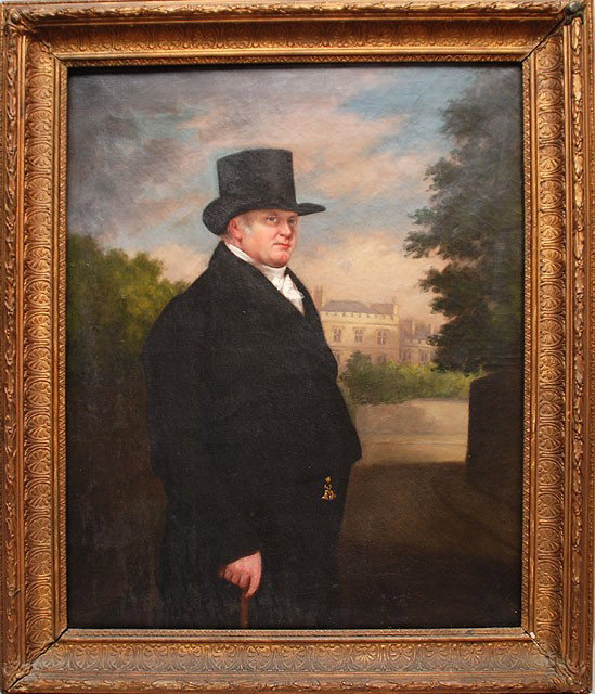 English School 19th Century, oil on canvas, Port: English School 19th Century, oil on canvas, Portrait of a Gentleman in black top hat and waistcoat, standing in a landscape with stone house in background, unsigned, 24"x19"