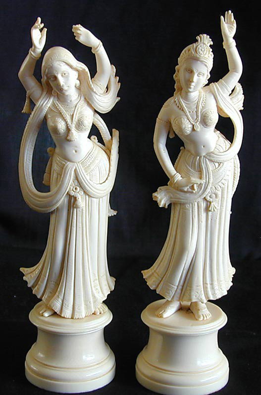 PAIR ANTIQUE HINDU INDIAN IVORY FIGURES 7.5"H A pa: PAIR ANTIQUE HINDU INDIAN IVORY FIGURES 7.5"H A pair of antique Hindu Indian ivory figures of female dancers, finely carved and mounted on solid ivory turned bases, total height of each figure with at