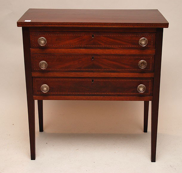 American 19th c. 3 drawer Hepplewhite work table w: American 19th c. 3 drawer Hepplewhite work table with inlay around drawers & glass knobs, 31"h x 29"w x 15"d