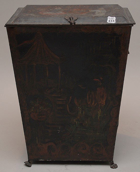 Black tole coal bin with faded oriental motif pain: Black tole coal bin with faded oriental motif painted on front & top