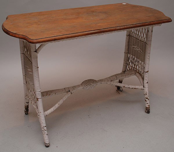 Antique white wicker sofa table with natural wood : Antique white wicker sofa table with natural wood top, 30"h x 44"w x 22"d (peely and rough, 1 leg unraveling)