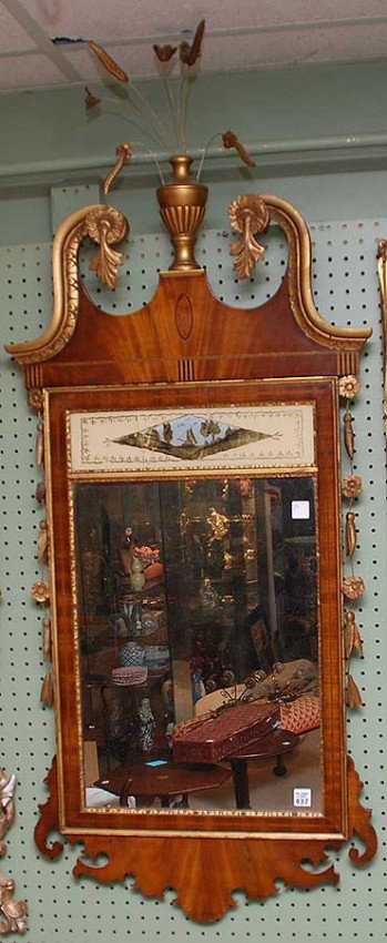 Circa 19thc. Federal style mirror with broken swan: Circa 19thc. Federal style mirror with broken swan pediment and urn finial, wired flowers, bell flower vertical swags on side with englomise panel (crack in glass) approx 55"h x 23"w