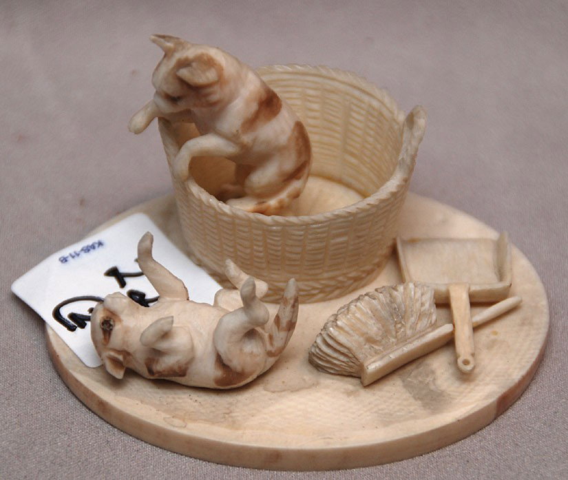 2 small carved ivory animal groupings, cats and bas: 2 small carved ivory animal groupings, cats and basket (3"h) and 3 other different animals (1"h)