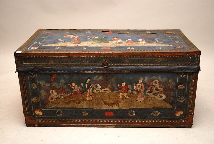 2 Chinese trunks, each with a different painted sce: 2 Chinese trunks, each with a different painted scene on leather, brass studs on trim (beat up and leather is torn) 19"h x 40"w x 21"d