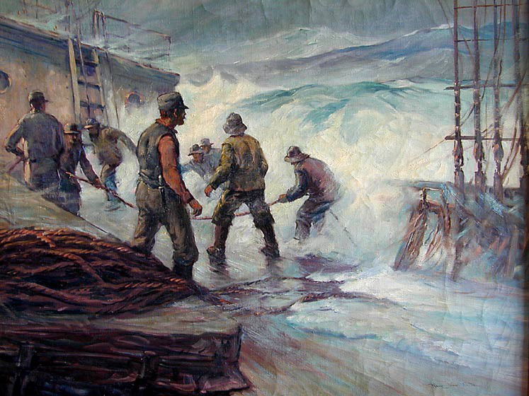 FRANK VINING SMITH (Amer 1879-1967) SEASCAPE OIL: FRANK VINING SMITH (Amer 1879-1967) SEASCAPE OIL An oil on canvas seascape by the American artist Frank Vining Smith depicting 8 sailors struggling to reel a line in high seas, 28" x 36", very good co