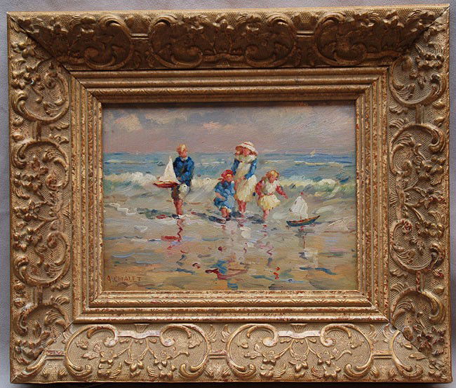Andre Chalet (Belgium, born 1946) oil on board, Be: Andre Chalet (Belgium, born 1946) oil on board, Beach Scene, 7-1/2"x9-3/4"