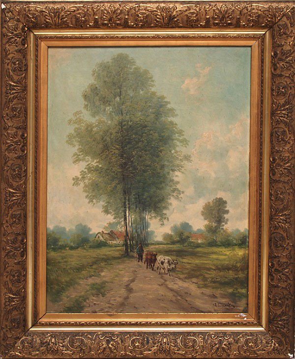 Henry Schouten BELGIAN country landscape figures : Henry Schouten (BELGIAN, 1864-1927) country landscape with figures & animals on path, oil on canvas, 32"x24"