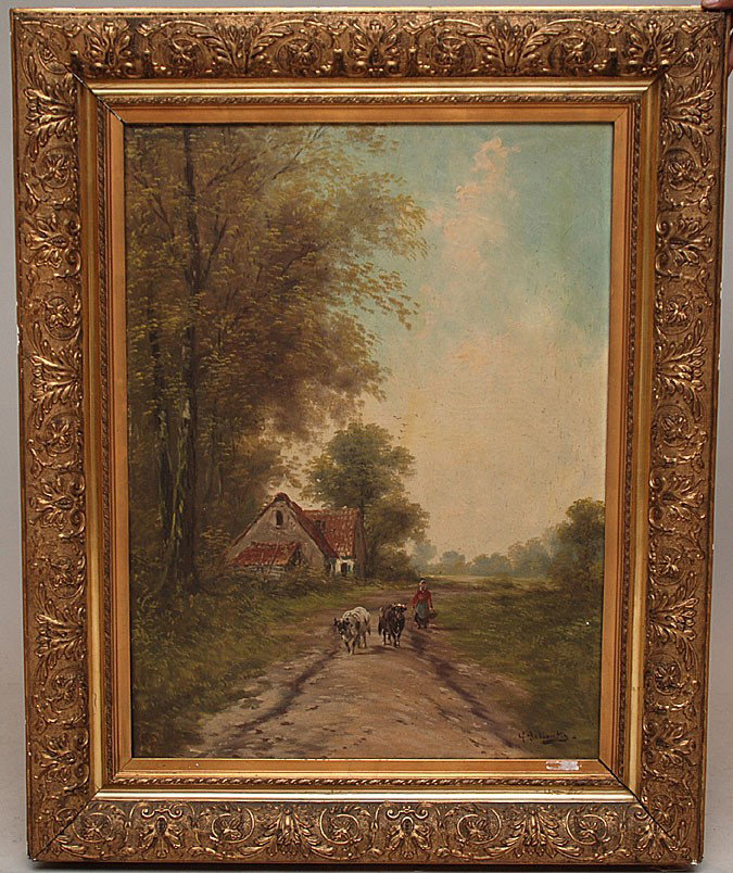Henry Schouten BELGIAN country landscape figures : Henry Schouten (BELGIAN, 1864-1927) country landscape with figures & animals on path, oil on canvas, 32"x24"