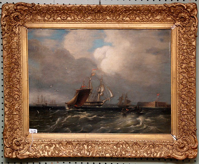 Attributed to: Edward William Cooke (BRITISH, 1811: Attributed to: Edward William Cooke (BRITISH, 1811-1880) oil on canvas, "Frigate, running into Portsmouth Harbor, Approx. 17-1/2"x23-1/2"