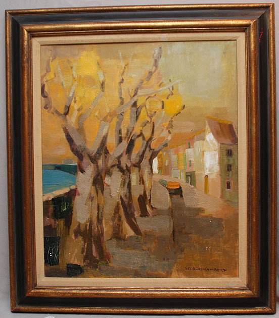 Georges Lambert (FRENCH, 1919-1998) oil on canvas,: Georges Lambert (FRENCH, 1919-1998) oil on canvas, "Les Platanes- A Arles", slr & on verso, 25"x21"