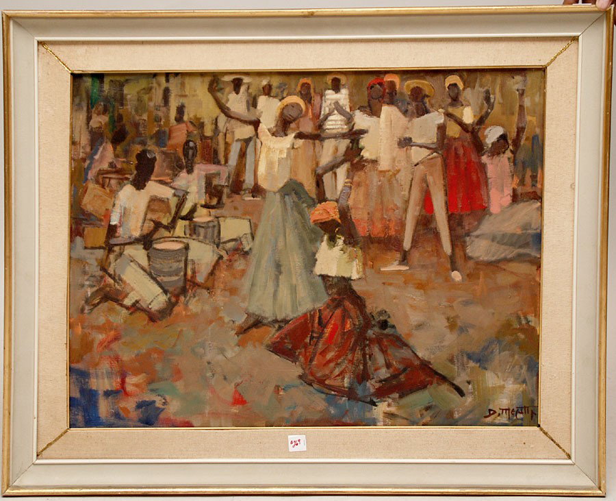 2 Paintings sold together: Italian school 20th Cen: 2 Paintings sold together: Italian school 20th Century (illegible) D. Megetti?? Oil on canvas one "African Dancers" 22"x28" other is arched building /Market with figures 16"x13"