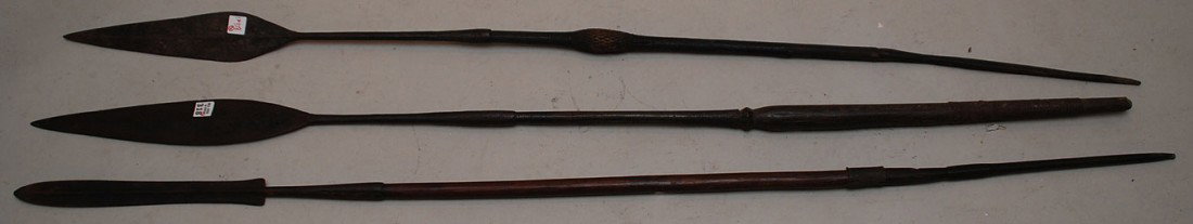 3 African (Zulu?) wood spears with iron ends, appr: 3 African (Zulu?) wood spears with iron ends, approx 5 feet long each