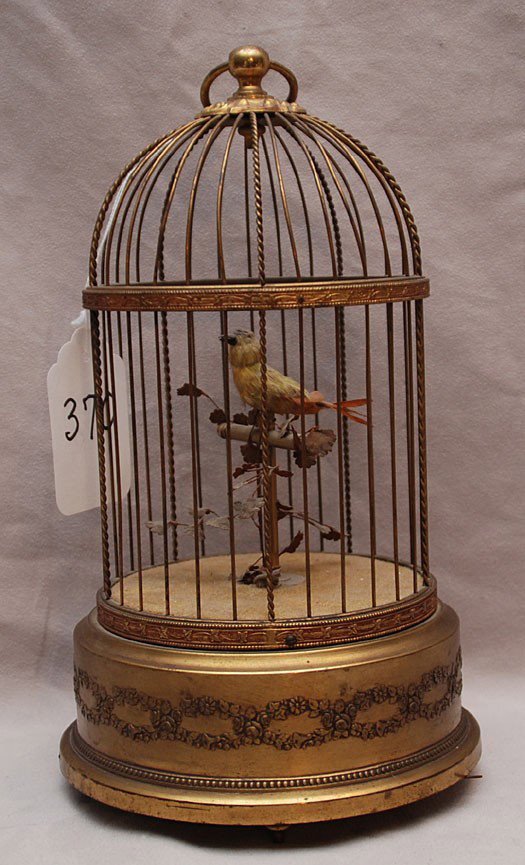 French mechanical singing bird in cage, working, 1: French mechanical singing bird in cage, working, 10"h x 7"w