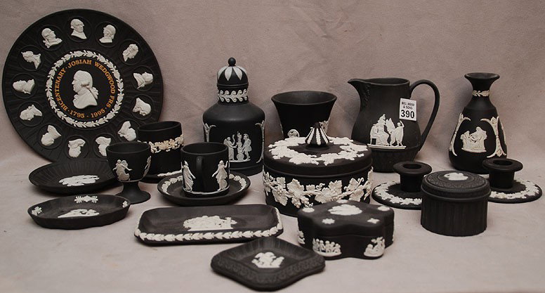 19 assorted pieces of black jasper dip Wedgwood, i: 19 assorted pieces of black jasper dip Wedgwood, incl; Bicentenary Josiah Wedgwood plate, pair candlesticks, pitcher, scent bottle, candy jar, egg cup, 2 demitasse cups & saucers, etc.