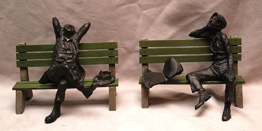 Pair of bronze gentlemen sitting on green wood par: Pair of bronze gentlemen sitting on green wood park benches, signed H. Garnitz, 8"L ( 3 of 250 and 24 of 250)