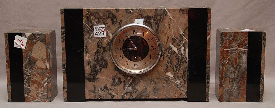 Art deco 3pc. marble garniture set, clock (8 1/2"h: Art deco 3pc. marble garniture set, clock (8 1/2"h) 2 smaller marble pieces (6 1/2"h)