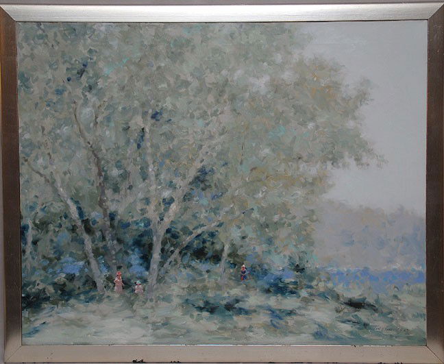 André Gisson (AMERICAN 1921-2003) oil Landscape: André Gisson (AMERICAN 1921-2003) oil on canvas, Landscape with Figures, label on verso (Carl Bredemeier Galery, Buffalo NY) signed & dated 1963 lr, 24"x30"