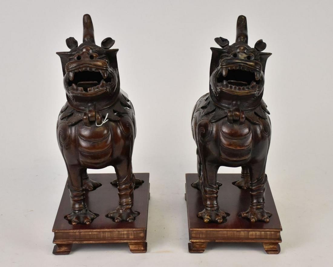 Pair Chinese Bronze Pixiu Dragon Censers - A pair of patinated bronze censers in the form of a Pixiu (1 of 7)
