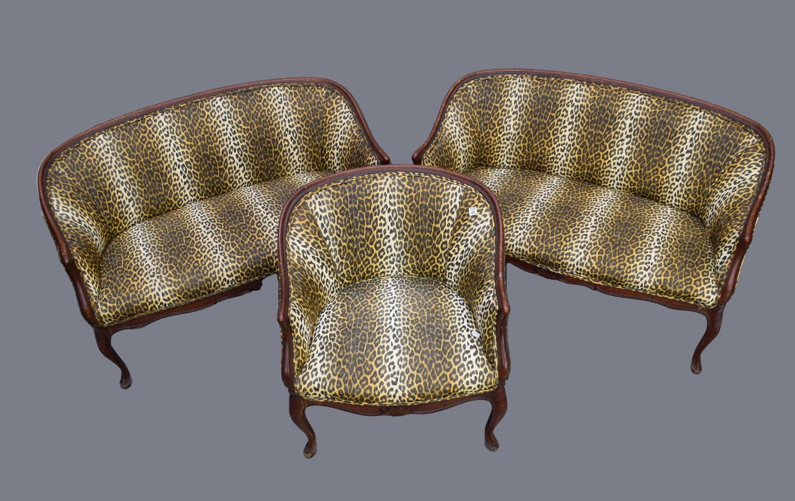 3pc. Suite, 2 Loveseats, 1 Chair, Provincial Style with Faux Leather Leopard Print Upholstery (Good (1 of 5)