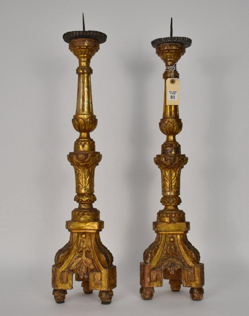 Set of Two 18th Century Italian Carved Giltwood Pricket Altar Sticks, 28 in. Tall. (1 of 6)