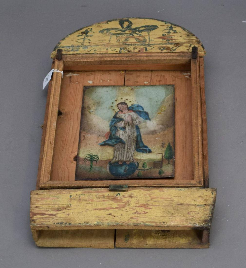 Painted Antique Reliquary with Painted Saints on Tin, 32"h x 18"w x 3 1/2"d (1 of 4)