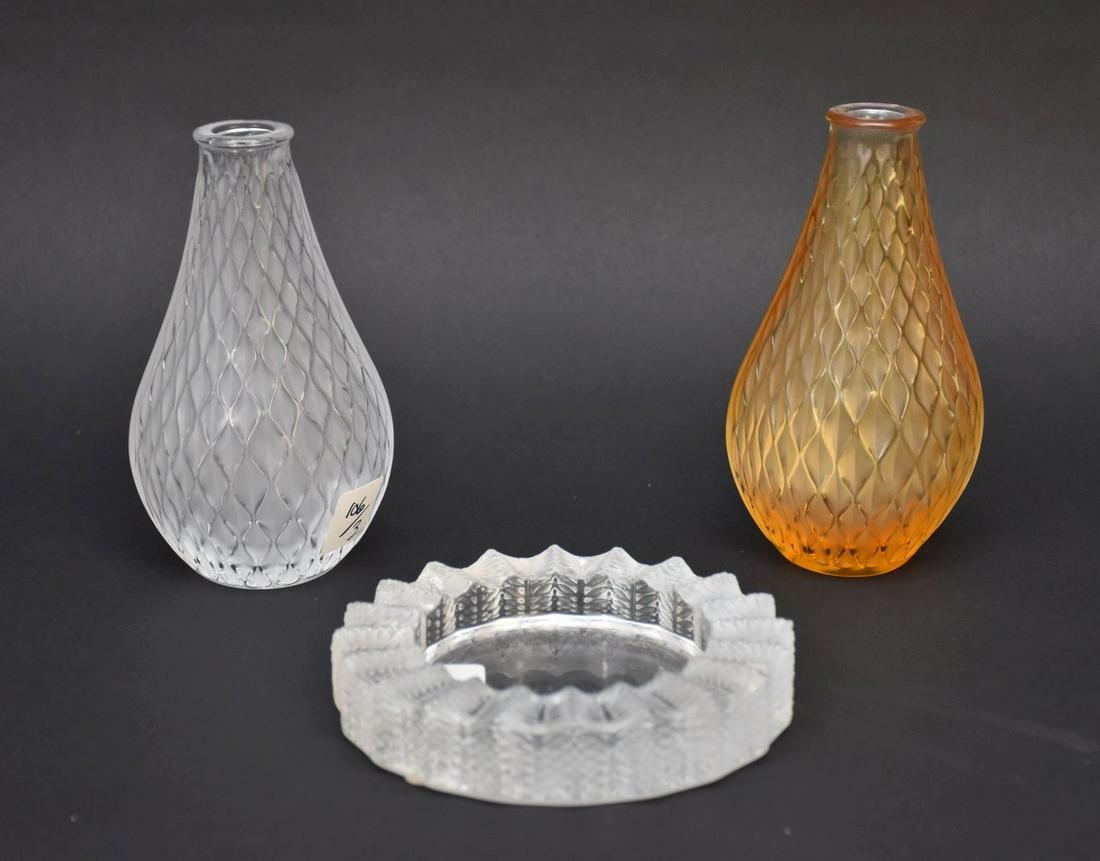 3 Lalique Table wares, 2 Vases (6 1/2"h) and Single Candy Dish/Ashtray: 3 Lalique Table wares, 2 Vases (6 1/2"h) and Single Candy Dish/Ashtray