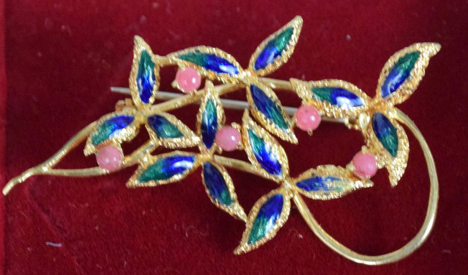 Vintage 18K Gold/Coral/Enamel Flower Pin Brooch, 45mm x 25mm, 7.0 grams (1 of 3)
