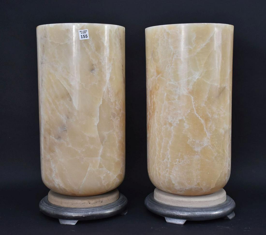 Pair Vintage Alabaster Cylindrical Lamps - Mounted on a stone and silver-tone metal base. 22" h x 10 (1 of 5)