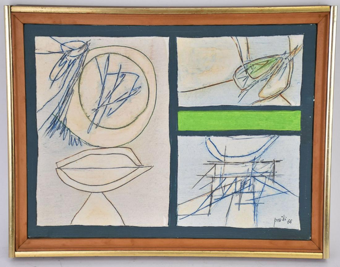 Achille Perilli (Roma 1927 - 2021) oil/ mixed media on canvas, GLI AMGIGUI RAPPORTI , Marlborough: Achille Perilli (Roma 1927 - 2021) oil/ mixed media on canvas, GLI AMGIGUI RAPPORTI , Marlborough Gallery Roma label. 30 x 40 cm. 15-3/4 x 11-3/4 inches