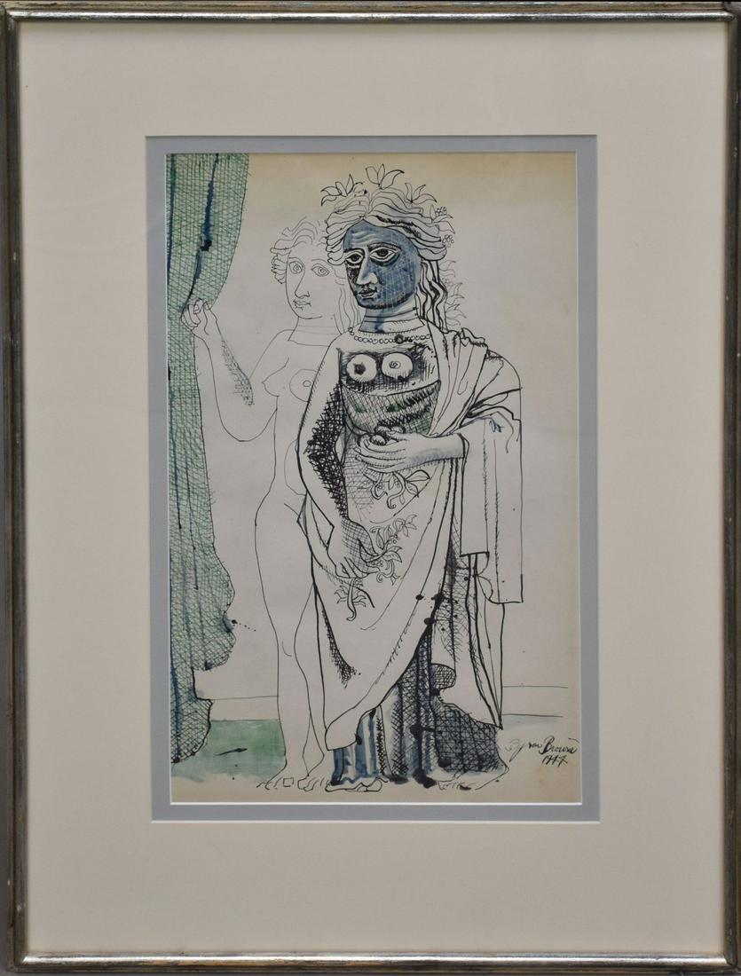 Byron Browne (American, 1907 - 1961) Watercolor/Gouache 2 Standing Ladies, signed and dated 1944.: Byron Browne (American, 1907 - 1961) Watercolor/Gouache 2 Standing Ladies, signed and dated 1944. 19-1/4 x 11 inches.