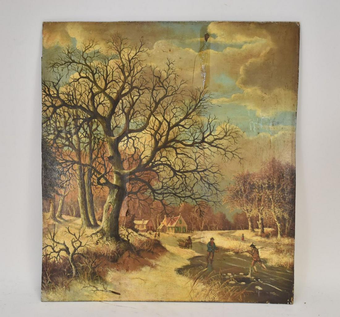 C. Krighoff 19th Century oil Painting with oak cradle panel- skaters on a pond, has some loose (1 of 7)