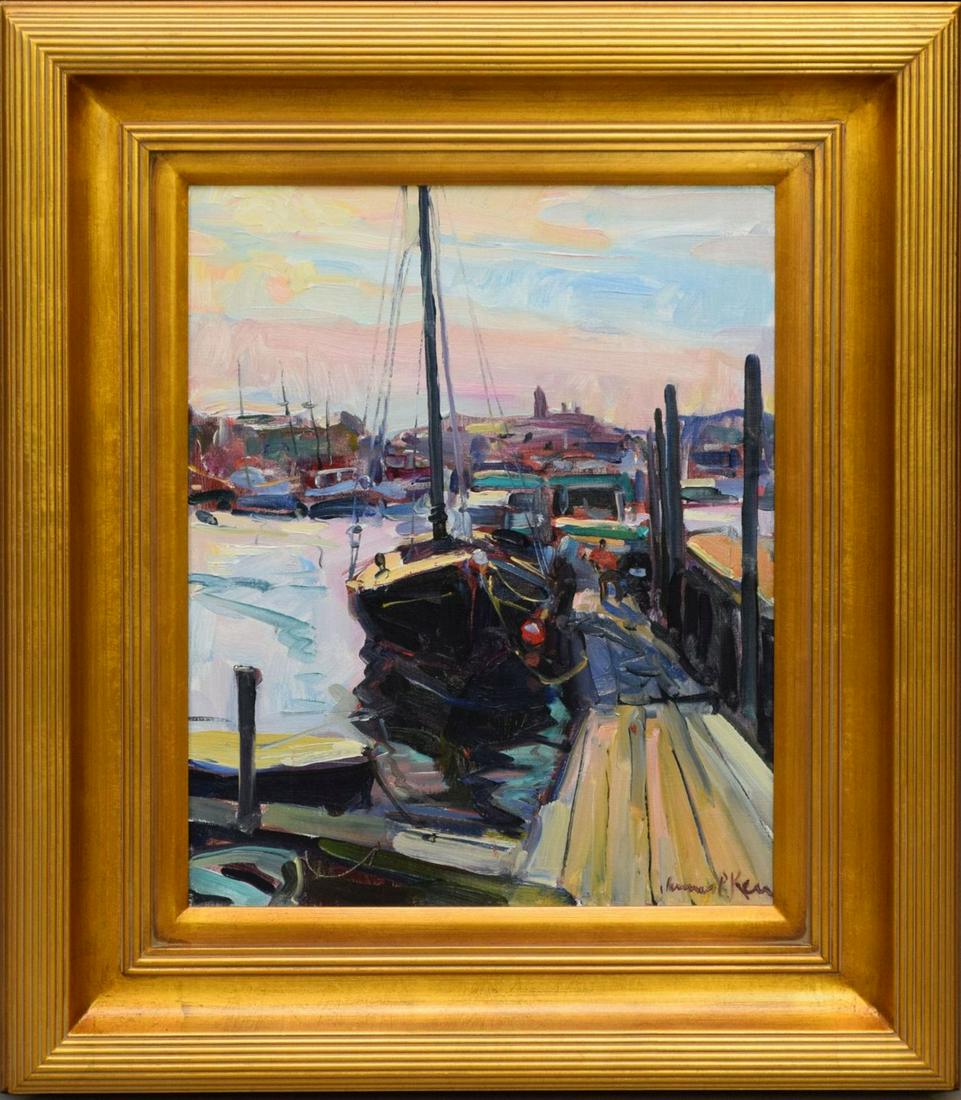 James P. Kerr (American, b. 1953) oil on canvas, Dock Scene- BLACK SCHOONER, canvas 16 x 20 overall (1 of 5)