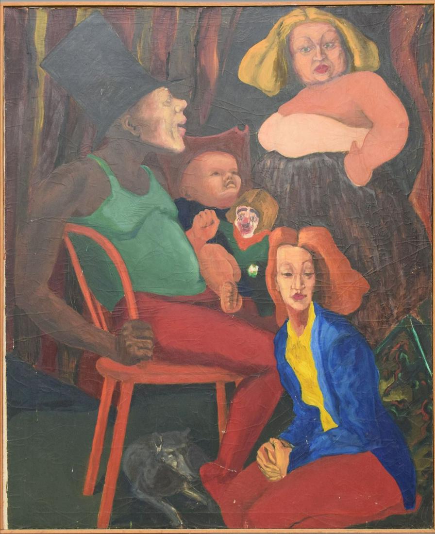 Antique Large Oil on canvas Painting, Circus Figures, no visible signature. 57 x 47 inches (1 of 4)