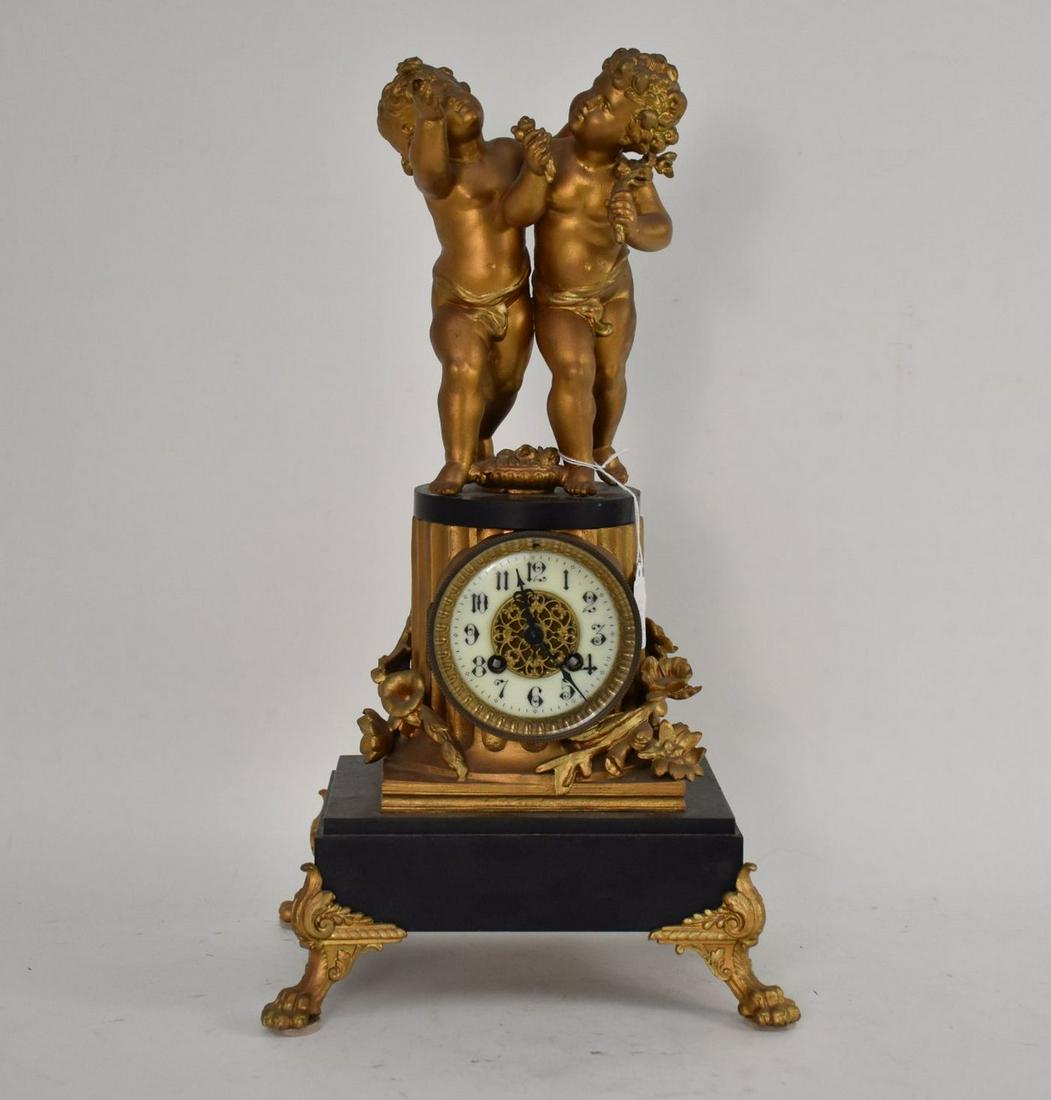 Antique Gilt & Slate Figural Putti Mantel Clock - A gilt metal columned clock topped by two putti (1 of 5)