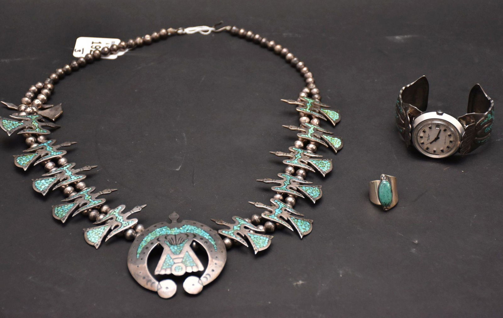 Vintage Navajo Silver & Turquoise Inlay Necklace, Watch & Ring - Peyote Bird Squash Blossom (1 of 6)