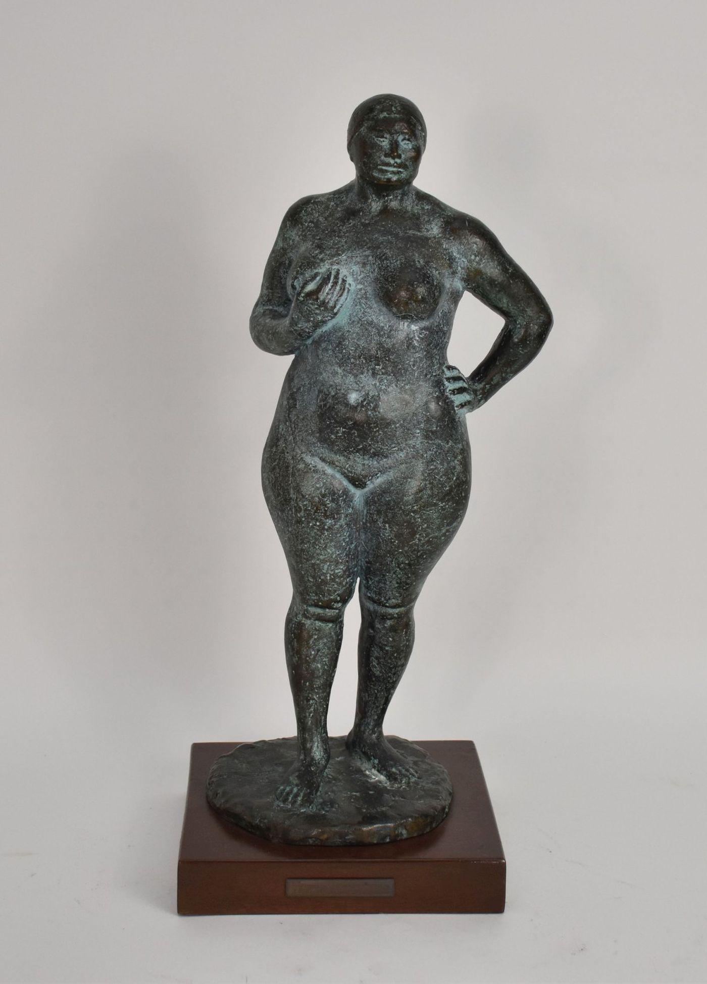 Felipe Castaneda (Mexican, b. 1933) Bronze DESNUDO DE PIE Sculpture - Patinated bronze figure of a: Felipe Castaneda (Mexican, b. 1933) Bronze DESNUDO DE PIE Sculpture - Patinated bronze figure of a nude woman. Mounted on a wooden base. Figure - 18" h, overall 19 1/2". Provenance: Armas Gallery; Pri