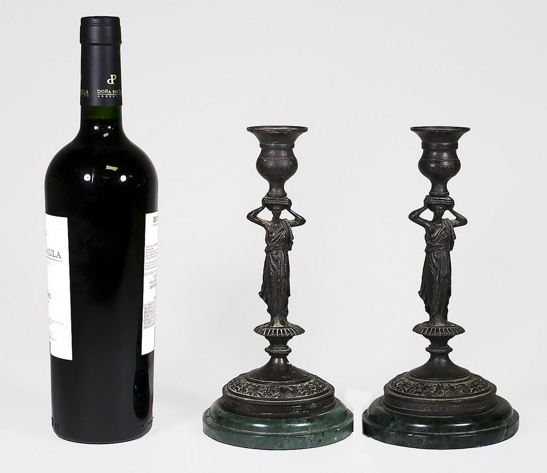 Iron/Bronze Figural Candlesticks on Marble Bases, 9"h (1 of 4)