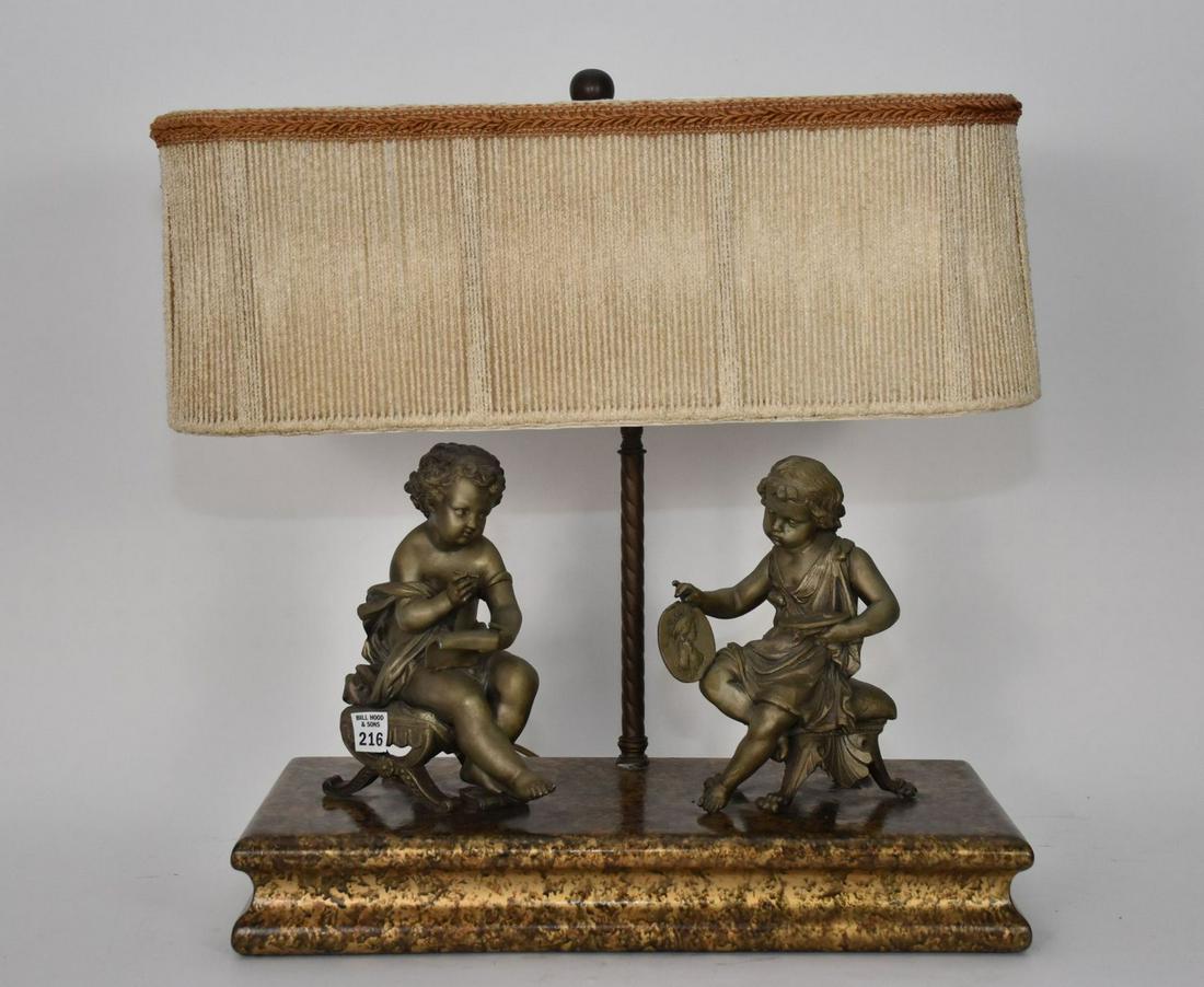 Figural Grouping Mounted Lamp on Faux Painted Plinth, 22"h up to finial x 19"w (1 of 5)